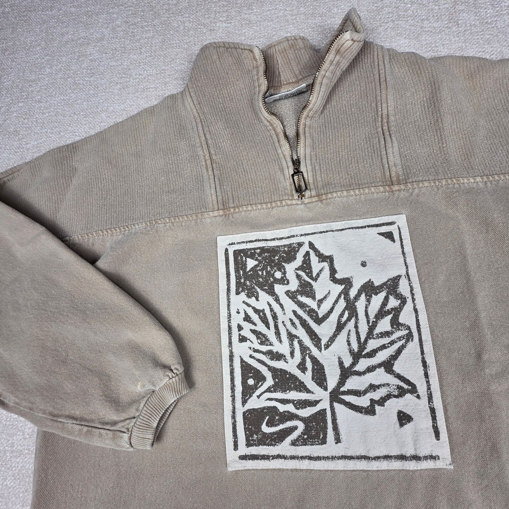 By Taylor Vintage Quarter Zip Pullover Tan Maple Leaf Graphic Sweatshirt S/M